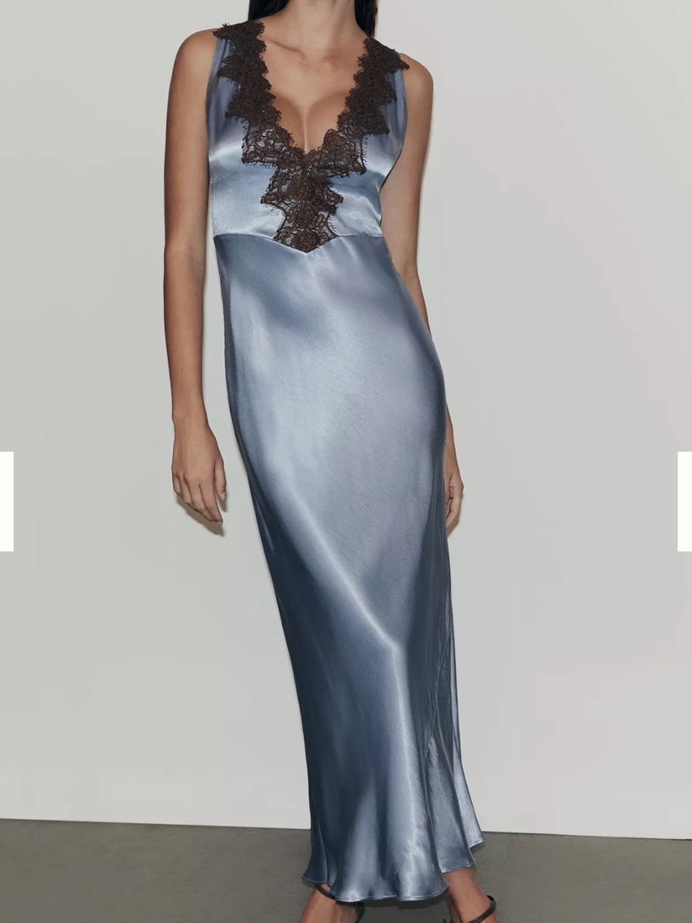 Anthropologey Satin Lace Trim Slip Dress in Steel Blue